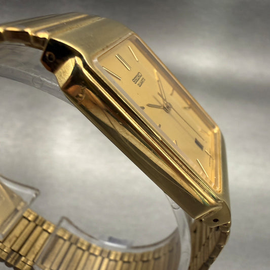 Seiko Tank Watch Men 26mm Gold Dial Gold Tone Date Rectangle 5Y32-5129 New Batt3