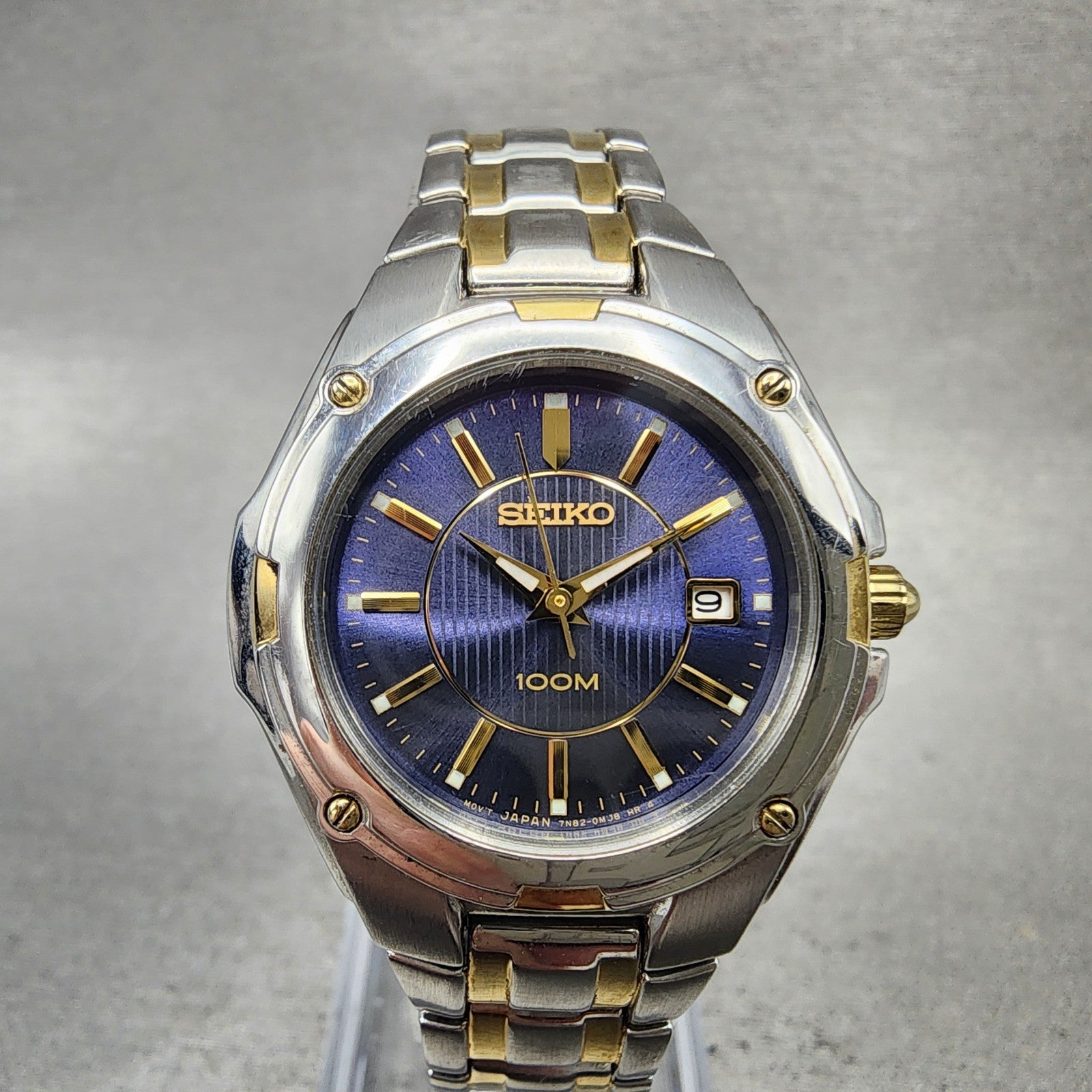 Seiko 100M Watch Women 28mm Blue Dial Two Tone Date Round 7n820fh0 New Battery0