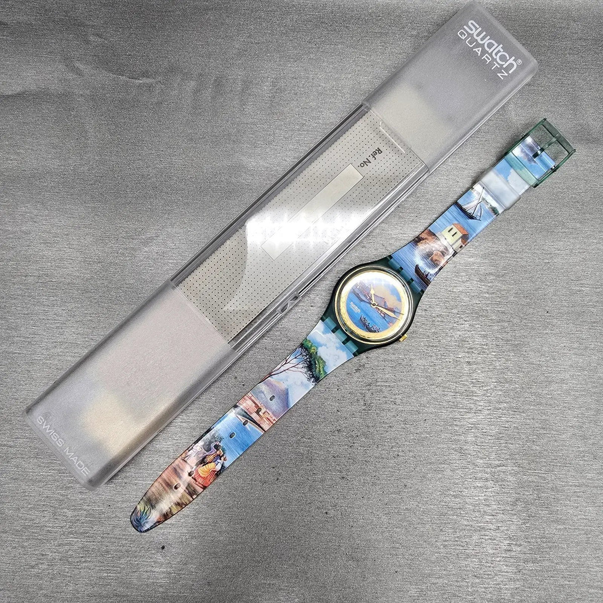 Swatch Sole Mio Watch Men 34mm Blue Dial Green Case GM124 New Battery NOS14