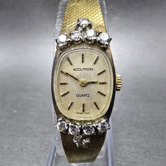 Bulova Accutron Watch Women 15mm Champagne Dial Gold Rectangle Diamonds PARTS0