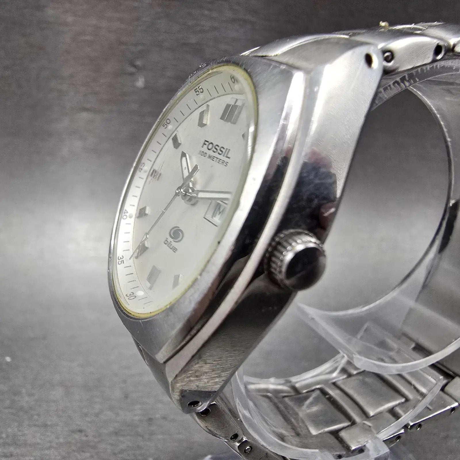 Fossil Blue Watch Women 33mm Silver Dial Silver Tone Daydate AM-3588 New Battery2