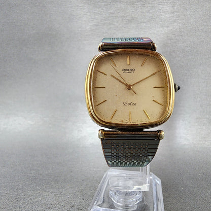 Seiko Dolce Watch Men 32mm Gold Dial Gold Plated Rectangle 59315400 New Battery5