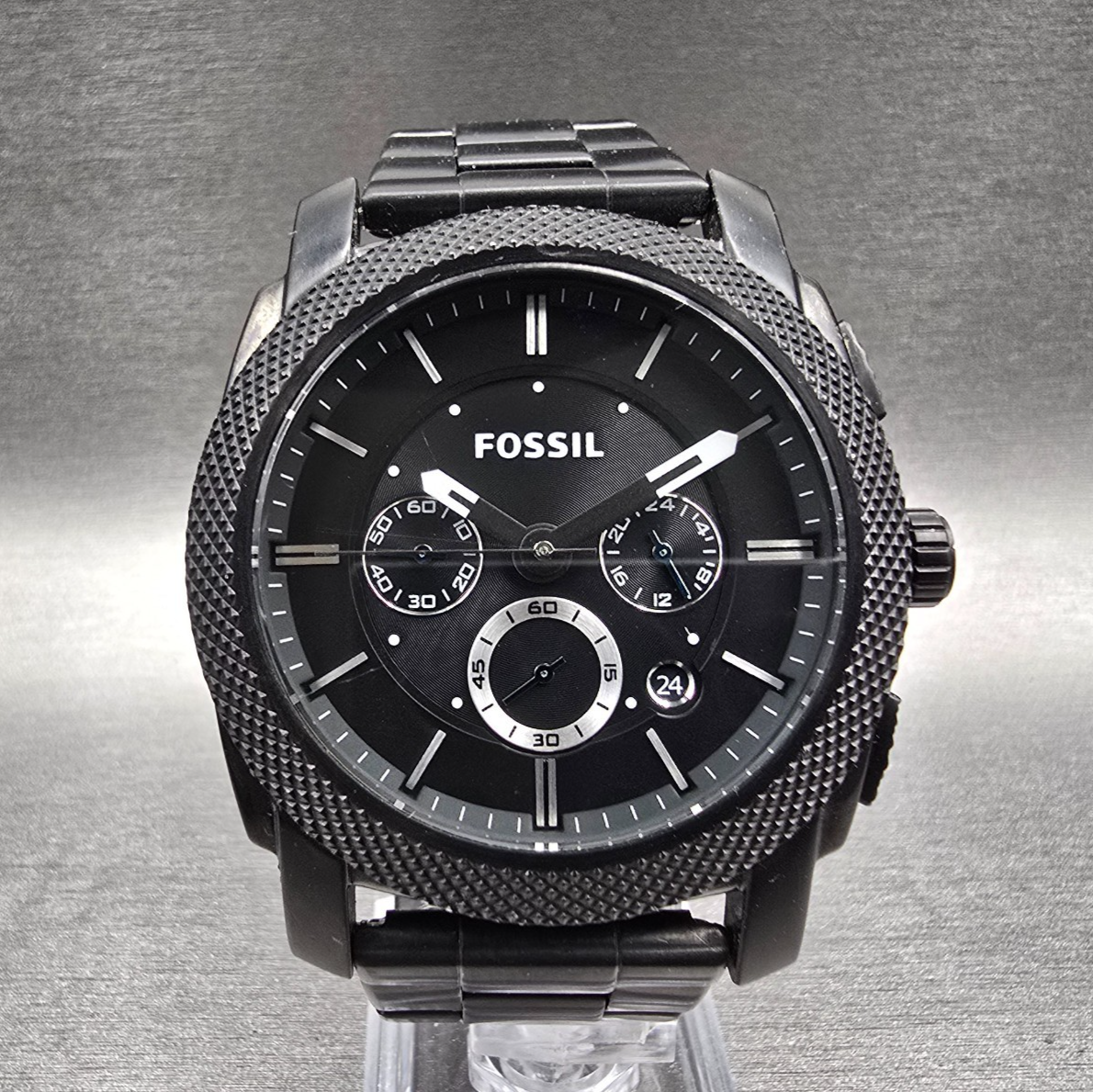 Fossil Machine Watch Men 45mm Black Dial Black Tone Chrono Date FS4552 New Batt0