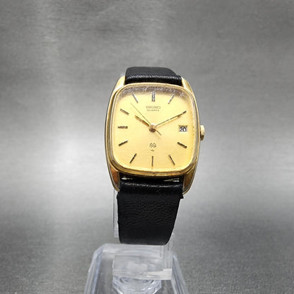 VTG Seiko SQ Watch Women 22mm Gold Dial Gold Tone Date Rectangle 85225049 Runs6