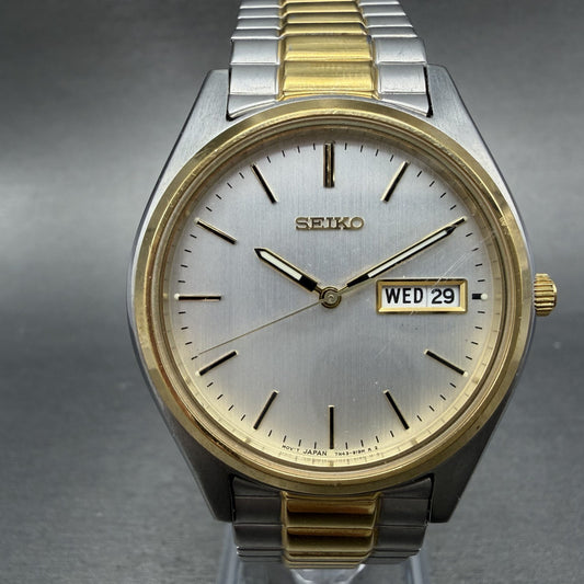 Seiko Watch Men 37mm Silver Dial Two Tone Daydate Round 7N43-9048 New Battery UT0