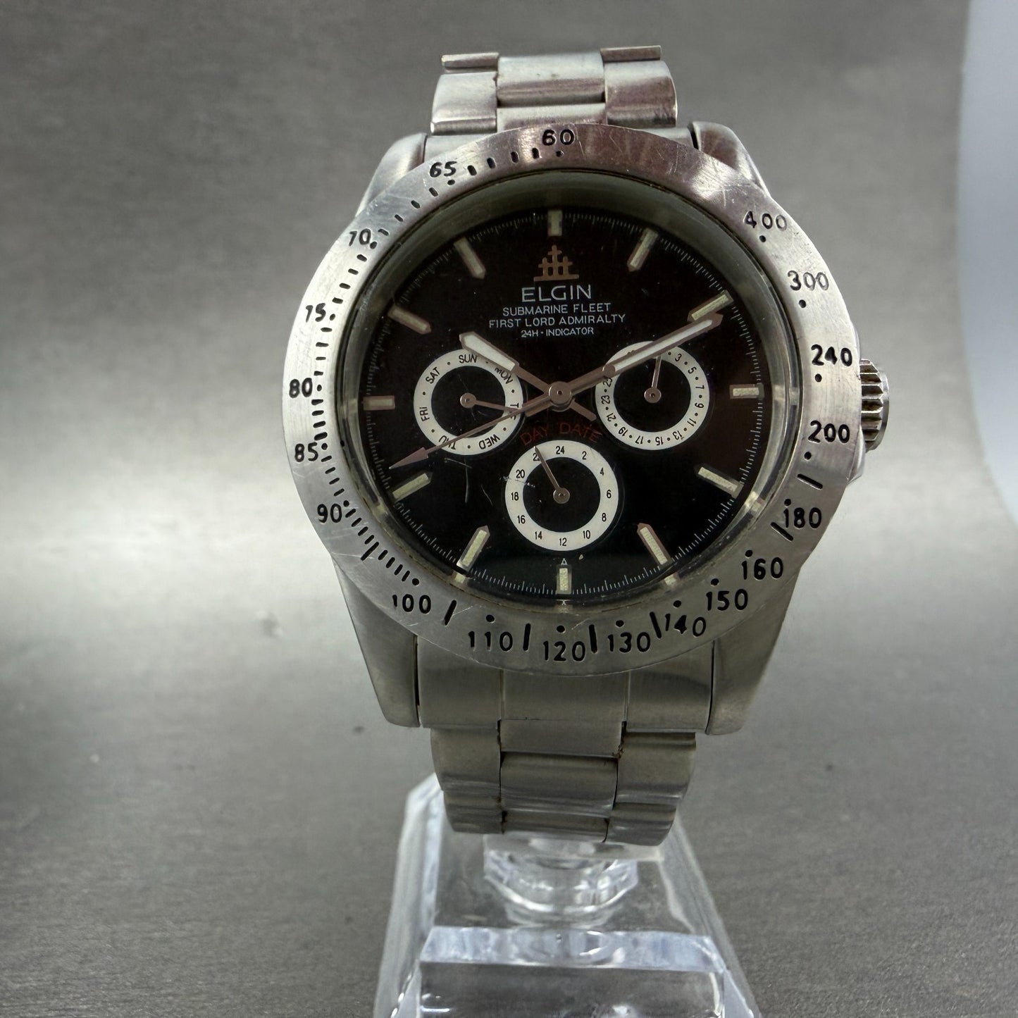 Elgin Watch Men 39mm Black Dial Silver Tone Round Daydate FK-345 New Battery5