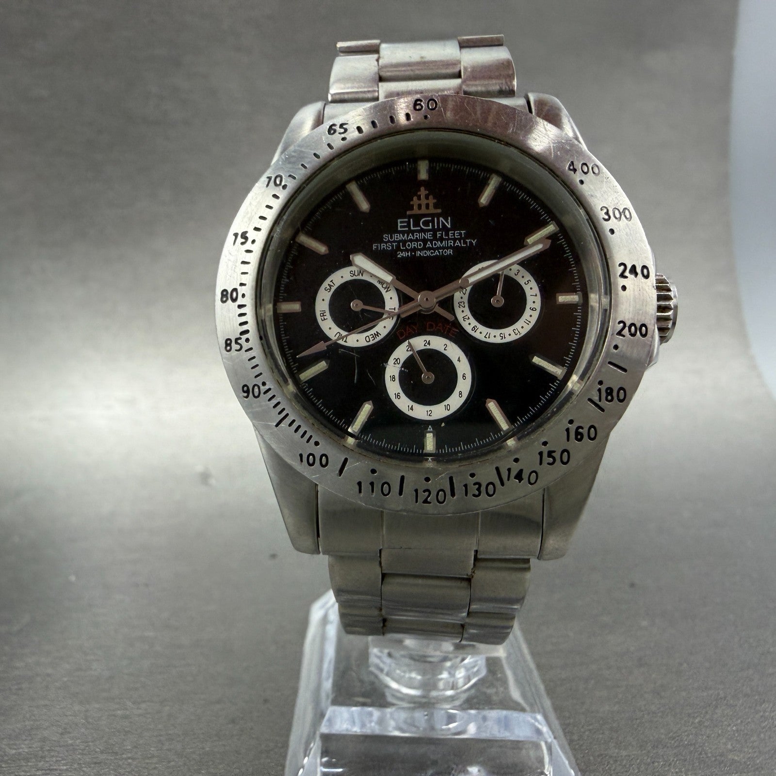 Elgin Watch Men 39mm Black Dial Silver Tone Round Daydate FK-345 New Battery5