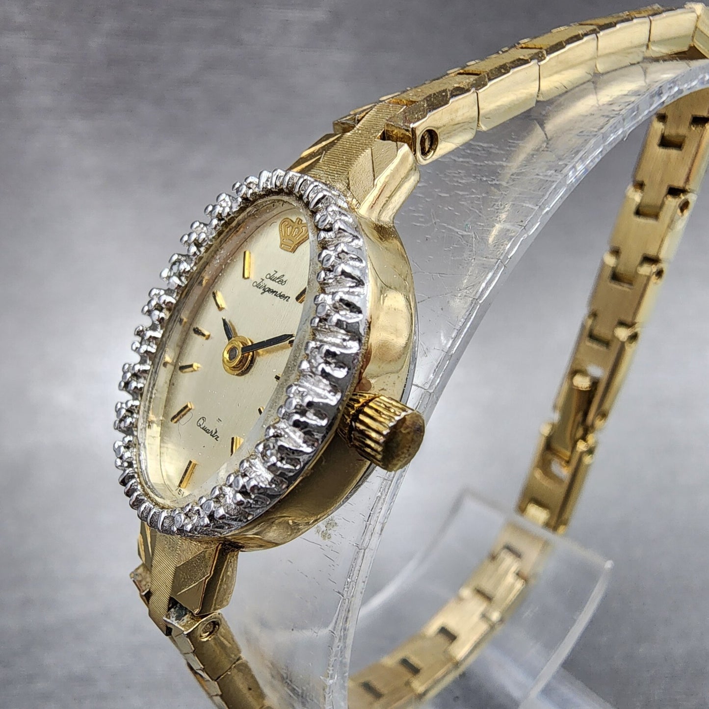 Jules Jurgenson Watch Women 15mm Gold Dial Gold Tone Oval Gem Set Bezel Runs2