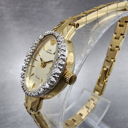 Jules Jurgenson Watch Women 15mm Gold Dial Gold Tone Oval Gem Set Bezel Runs2