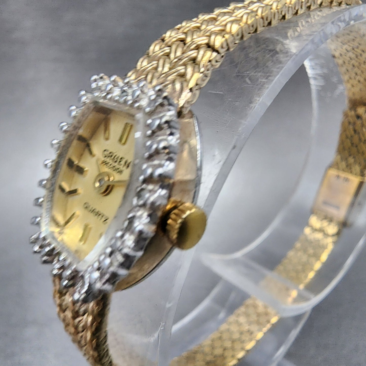 Gruen Precision Watch Women 14mm Gold Dial Gold Tone Diamond Bezel New Battery2
