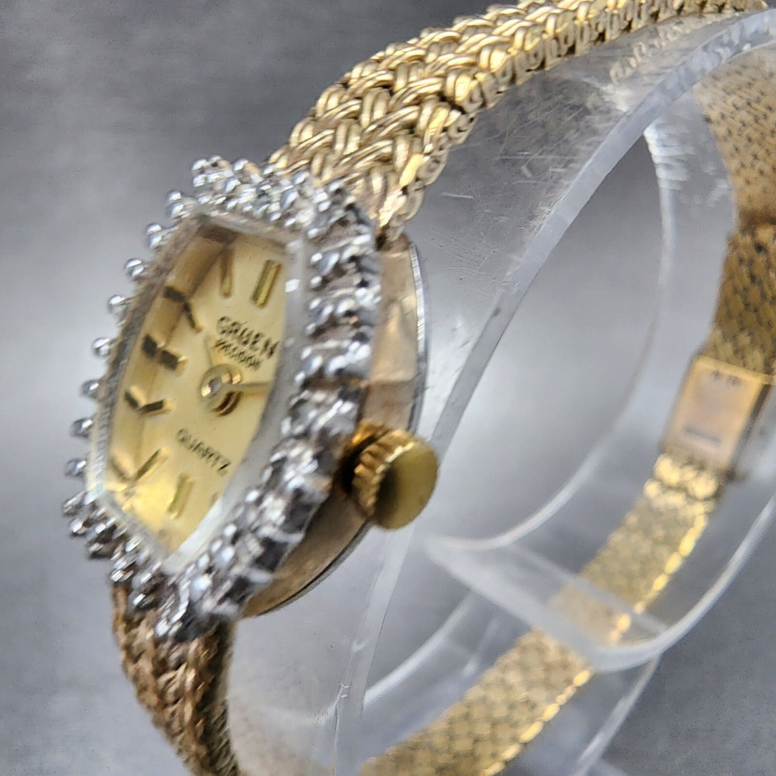Gruen Precision Watch Women 14mm Gold Dial Gold Tone Diamond Bezel New Battery2