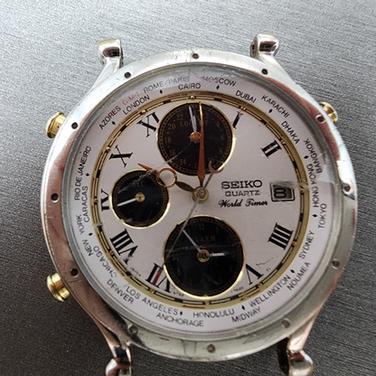 Seiko Age Of Discovery World Time Watch Men 39mm White Dial Steel 5t52-7a10 PART
