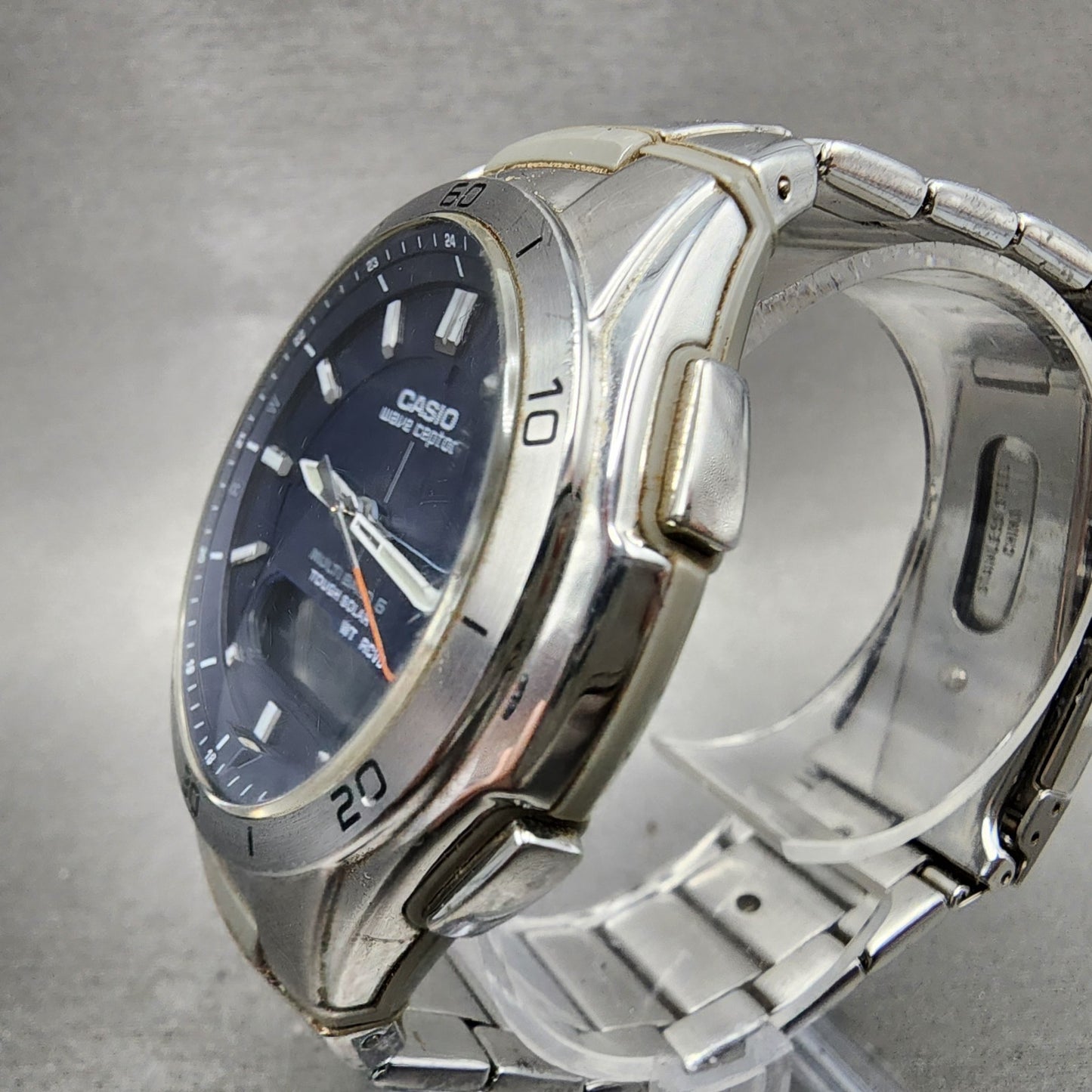Casio Wave Ceptor Watch Men 42mm Blue Dial Steel Solar Analog Digital Works B122