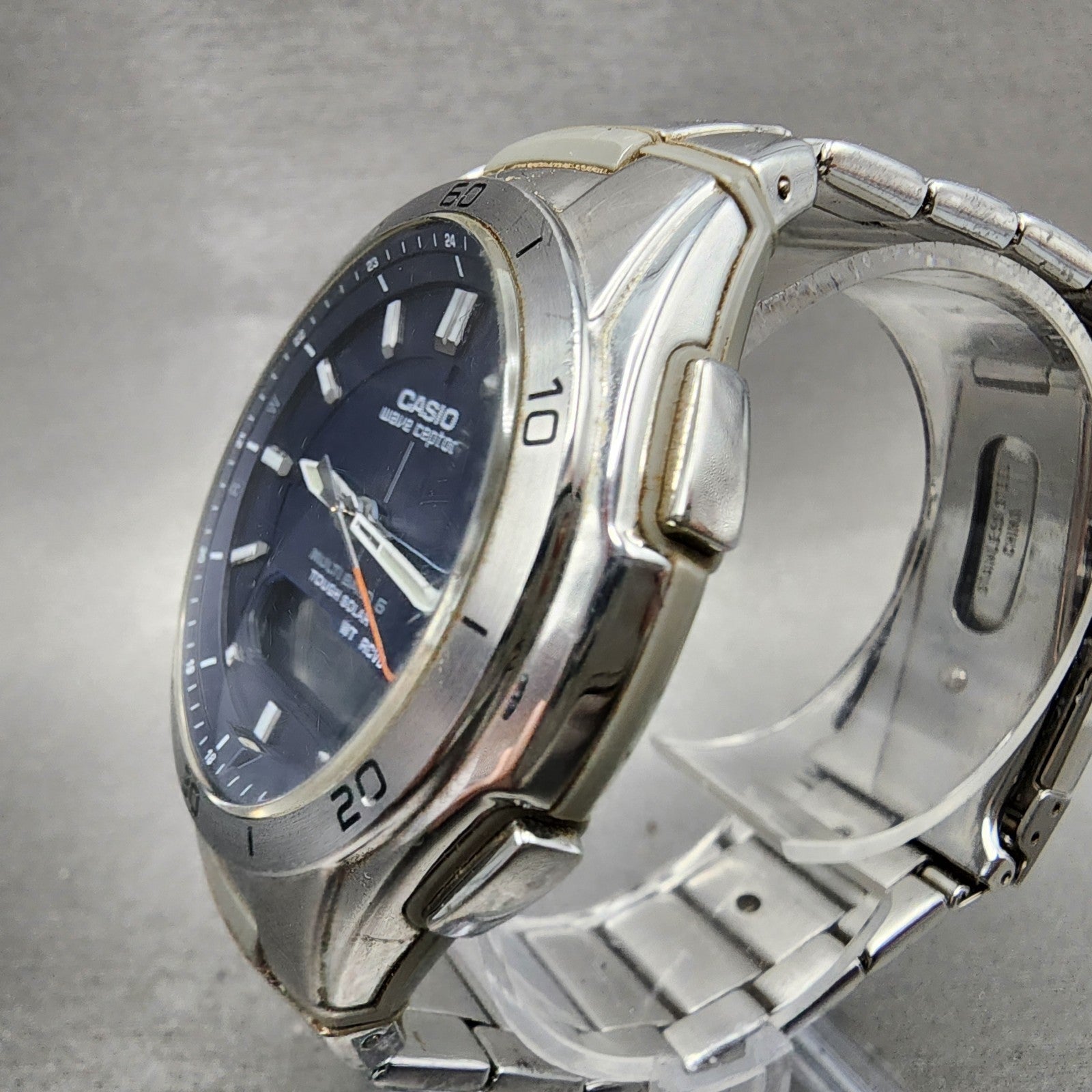 Casio Wave Ceptor Watch Men 42mm Blue Dial Steel Solar Analog Digital Works B122