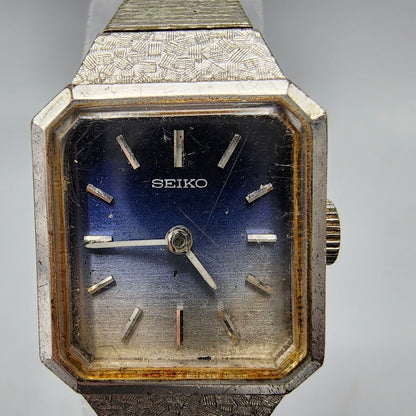 Seiko Watch Women Silver Tone Blue&White Dial Manual Wind 18mm Rectangle Runs