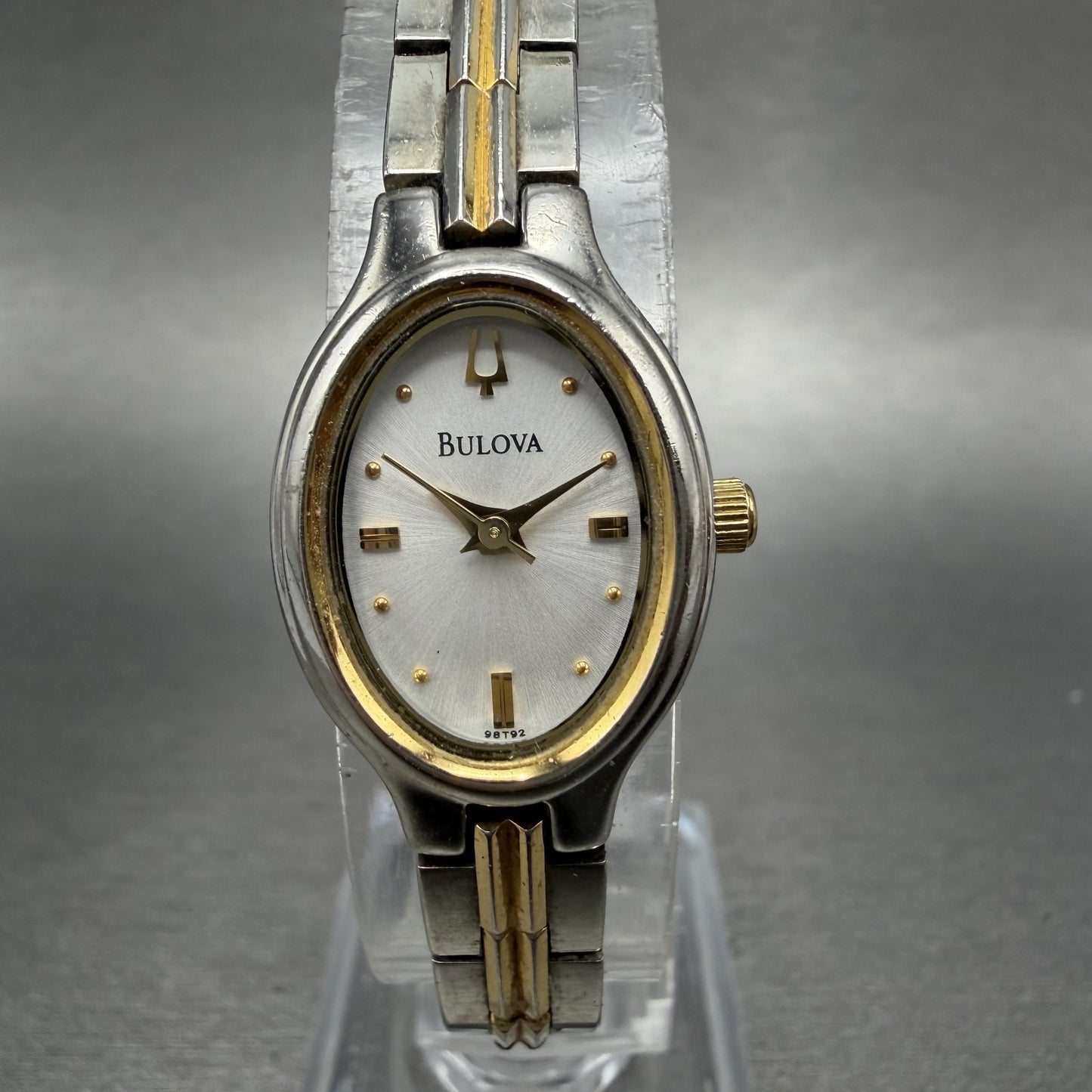Bulova Watch Women 17mm Silver Dial Two Tone Oval 98T92 New Battery0
