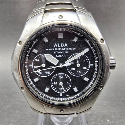 Seiko Alba Solar Watch Men 39mm Black Dial Titanium Daydate Round V14J-0AA0 Runs0