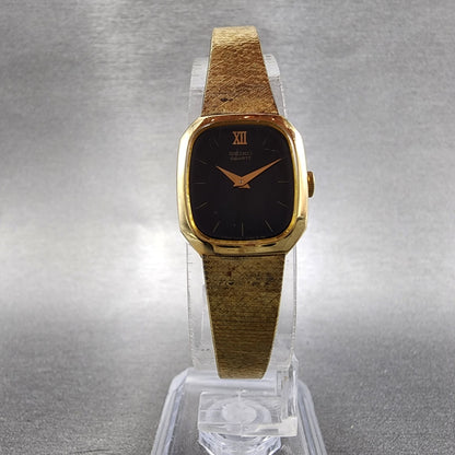 Seiko Watch Women 17mm Black Dial Gold Tone Rectangle 1400-8149 New Battery VTG