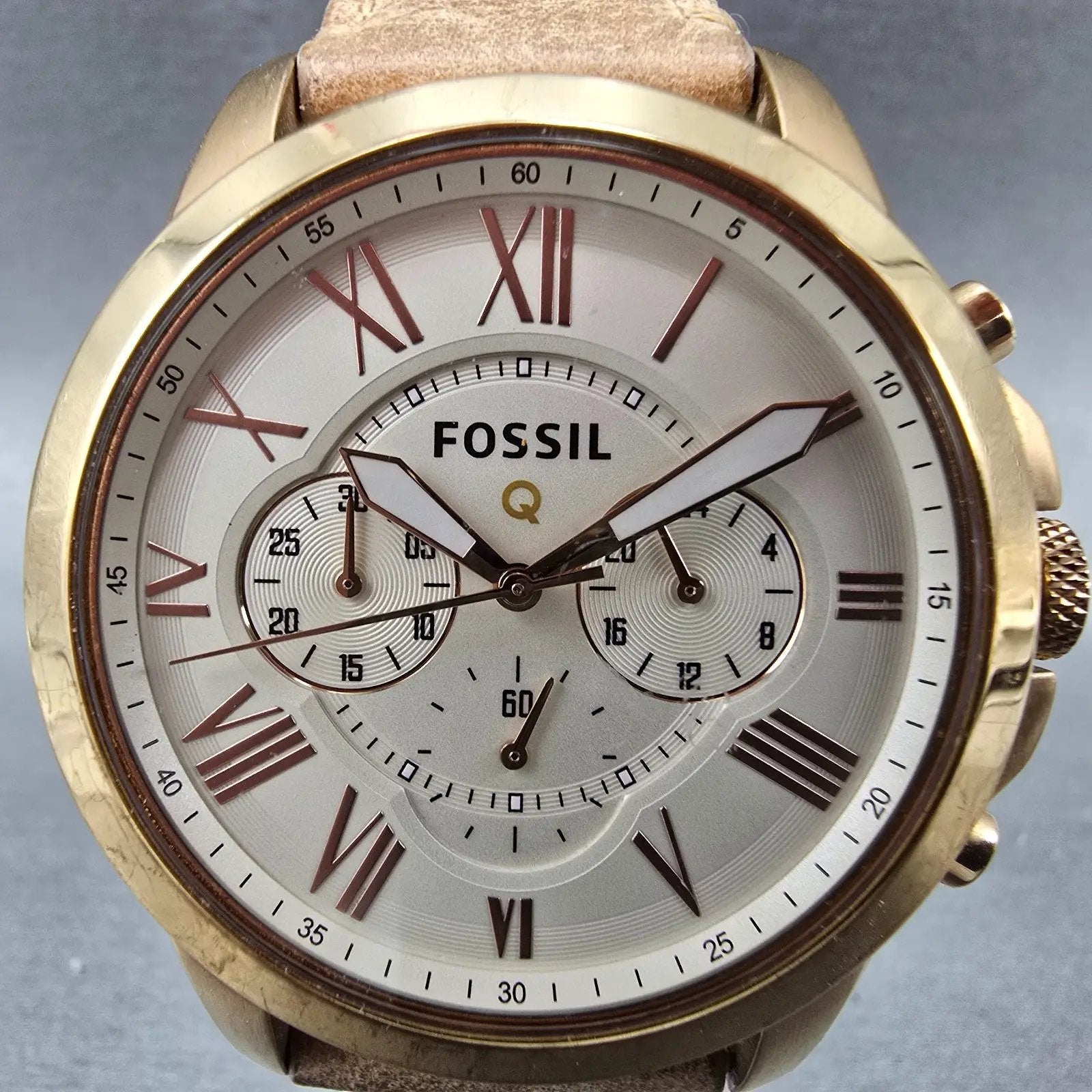Fossil Q Chronograph Watch Men 44mm Cream Dial Rose Gold Tone Round New Battery1