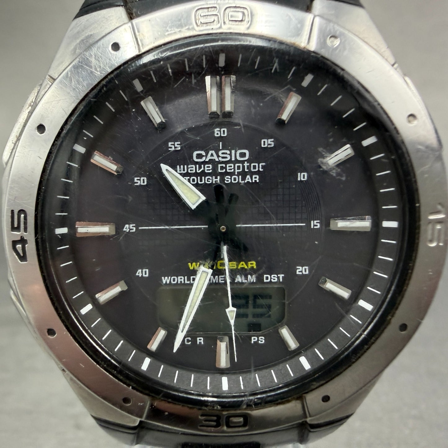 Casio Wave Ceptor Watch Men 42mm Black Dial Silver Tone Analog Digital Solar Run1