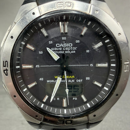 Casio Wave Ceptor Watch Men 42mm Black Dial Silver Tone Analog Digital Solar Run1