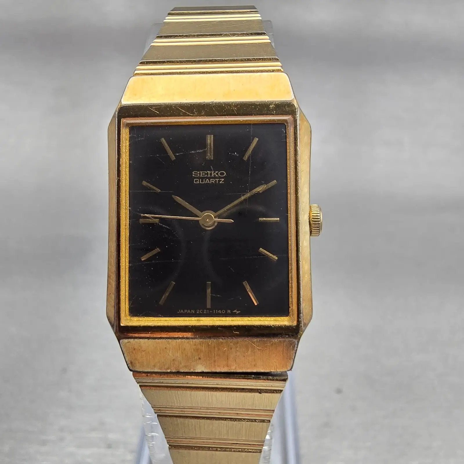 Seiko Watch Women 18mm Black Dial Gold Tone Rectangle 2C21-5220 New Battery VTG0
