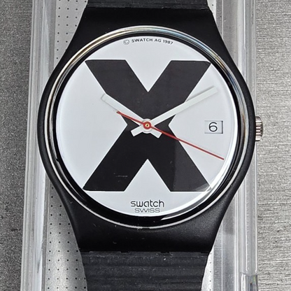 Swatch X-Rated Watch Men 34mm White Dial Black Tone Date GB406 New Battery NOS1