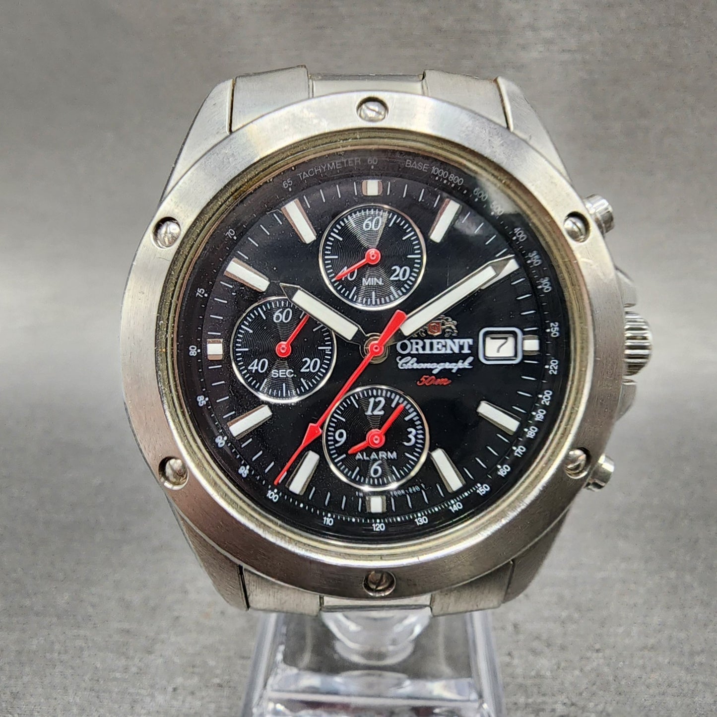 Orient Chronograph Watch Men 40mm Black Dial Silver Tone Date READ!!!!! New Batt0