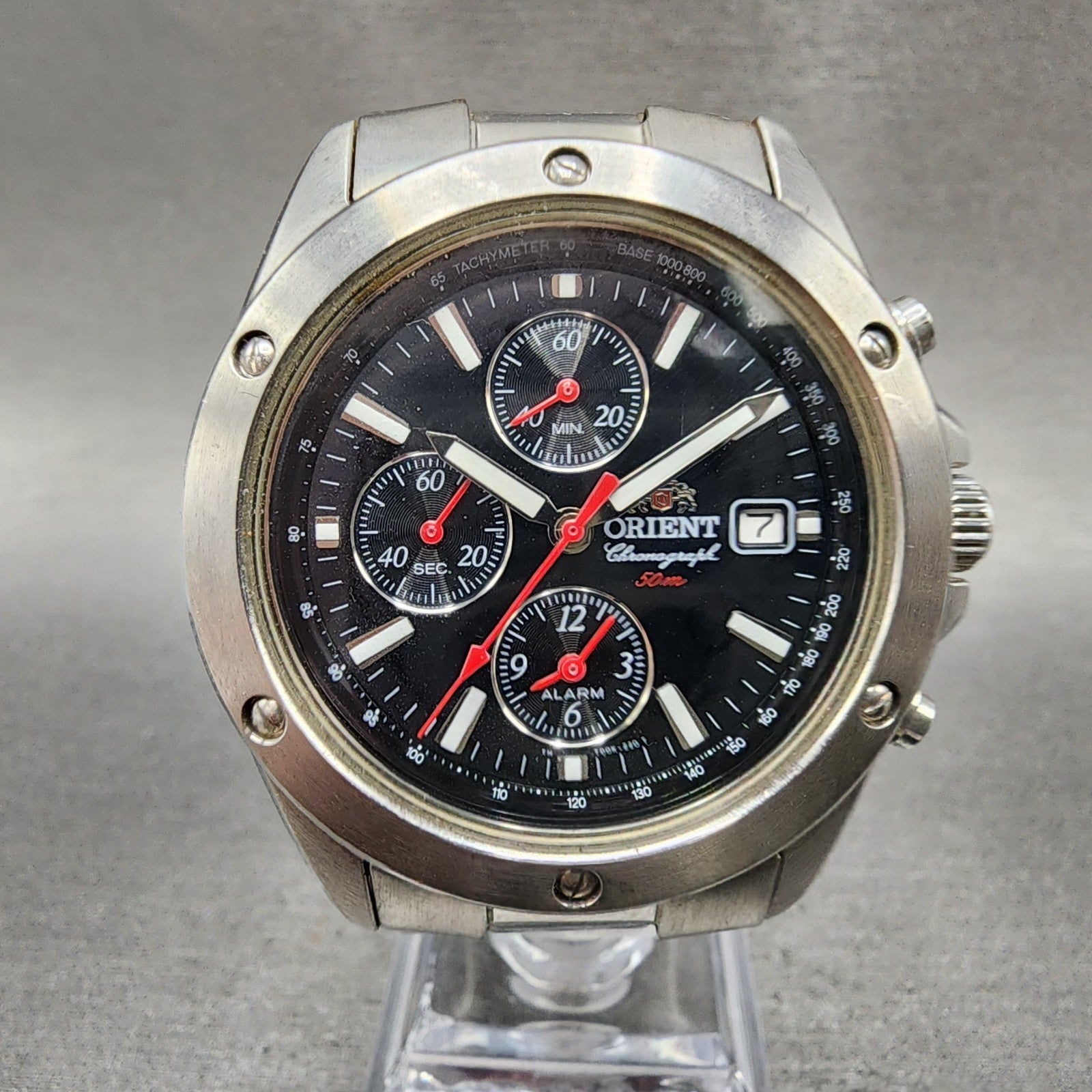 Orient Chronograph Watch Men 40mm Black Dial Silver Tone Date READ!!!!! New Batt0