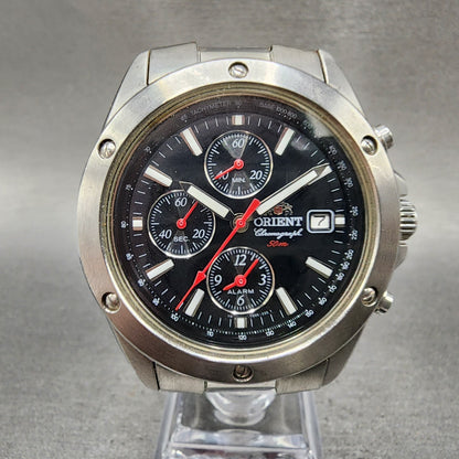 Orient Chronograph Watch Men 40mm Black Dial Silver Tone Date READ!!!!! New Batt0
