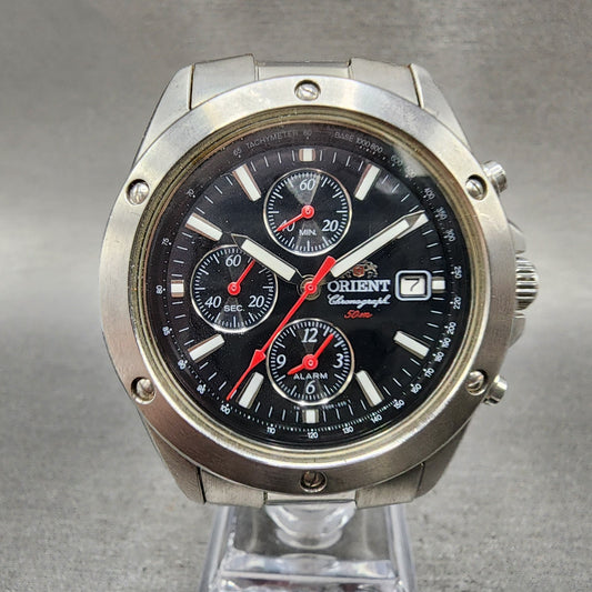 Orient Chronograph Watch Men 40mm Black Dial Silver Tone Date READ!!!!! New Batt0