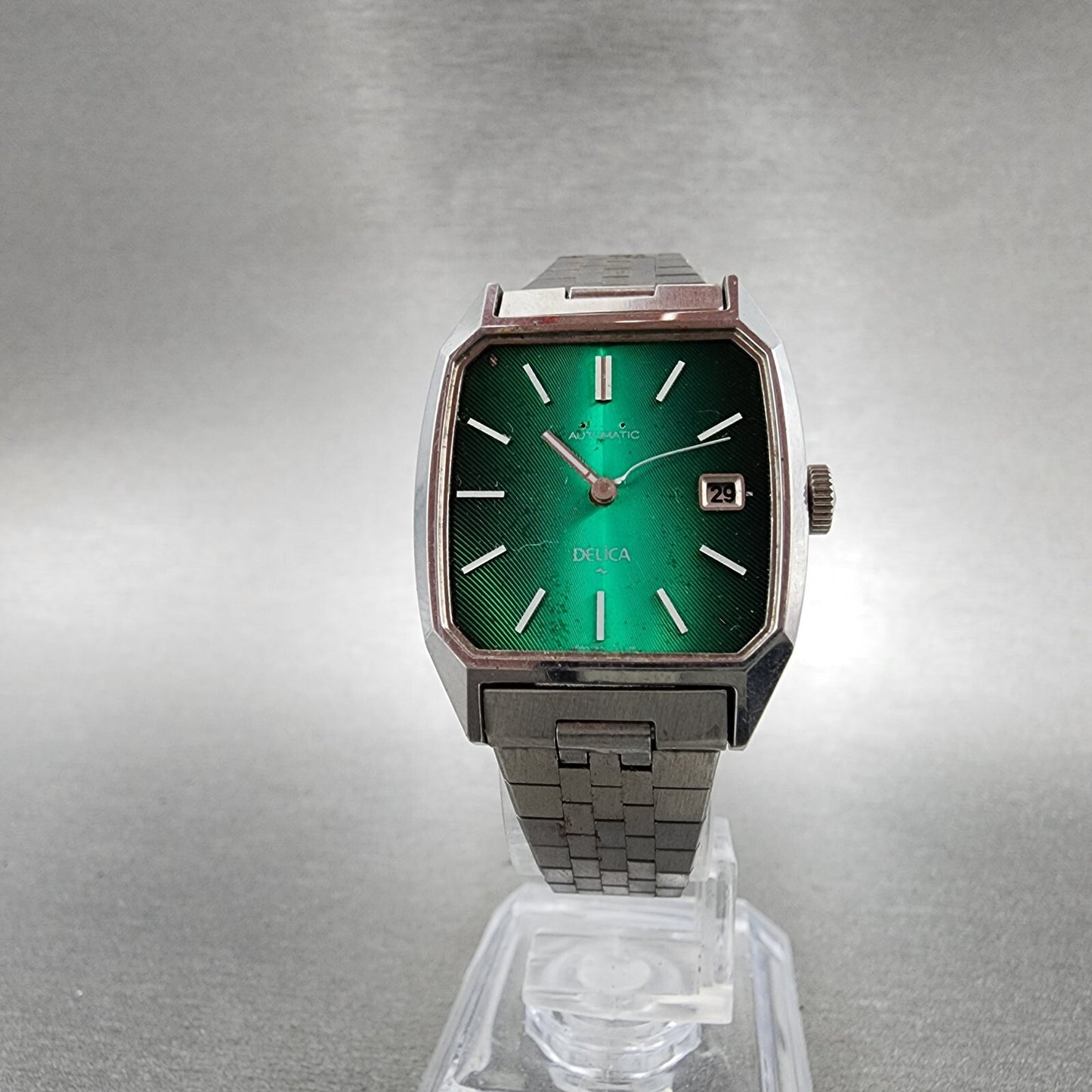 VTG Seiko Delica Tank Watch Women 25mm Green Dial Date Steel NO CRYSTAL Runs5
