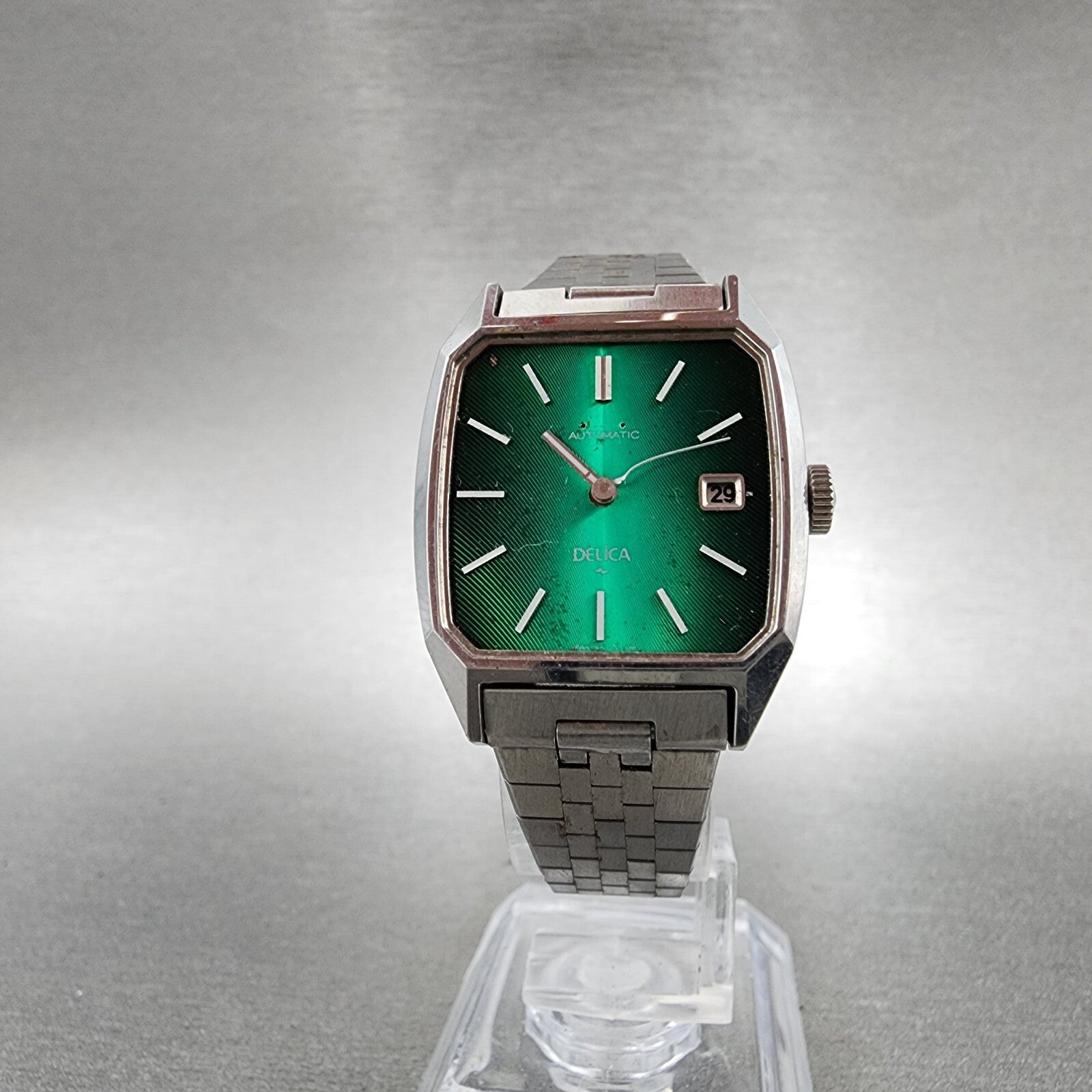 VTG Seiko Delica Tank Watch Women 25mm Green Dial Date Steel NO CRYSTAL Runs5