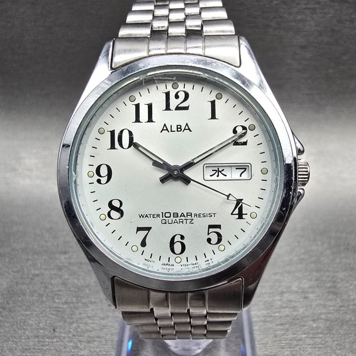 Seiko Alba Watch Men 34mm Silver Dial Silver Daydate Round V733-7A70 New Batt JP0