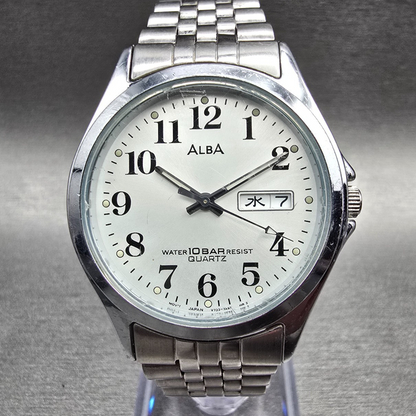 Seiko Alba Watch Men 34mm Silver Dial Silver Daydate Round V733-7A70 New Batt JP0