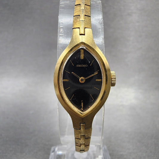 Seiko Watch Women 16mm Black Dial Gold Tone Oval Manual 11005569 Runs0