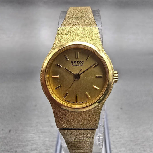 Seiko Watch Women 20mm Gold Dial Gold Tone Oval 8Y21-0020 New Battery Vintage0
