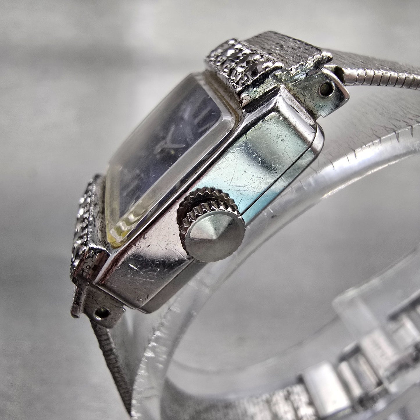 Seiko Watch Women 17mm Blue Dial Silver Tone Gemmed Rectangle 21-3141 Works VTG2