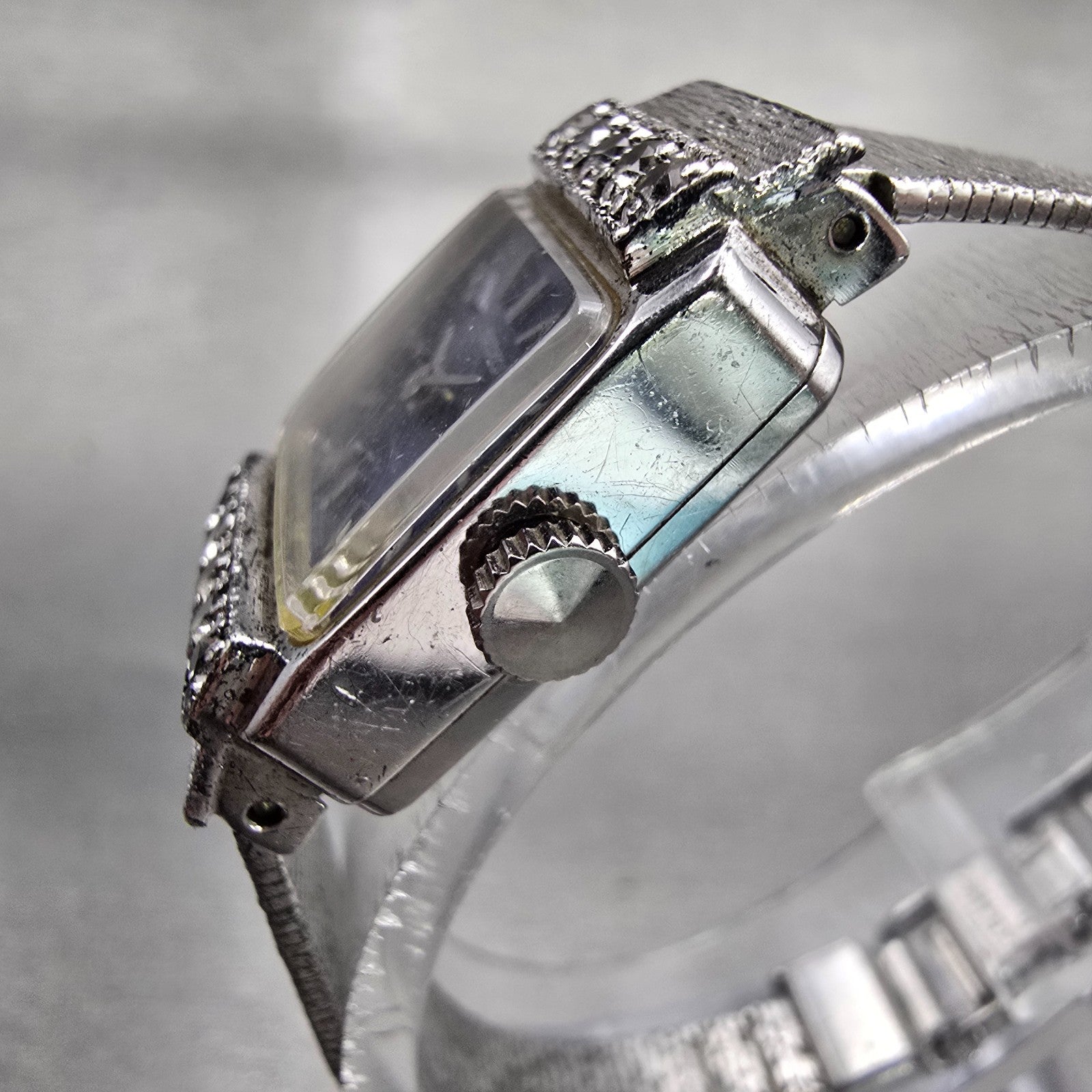 Seiko Watch Women 17mm Blue Dial Silver Tone Gemmed Rectangle 21-3141 Works VTG2