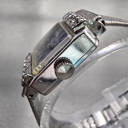 Seiko Watch Women 17mm Blue Dial Silver Tone Gemmed Rectangle 21-3141 Works VTG2