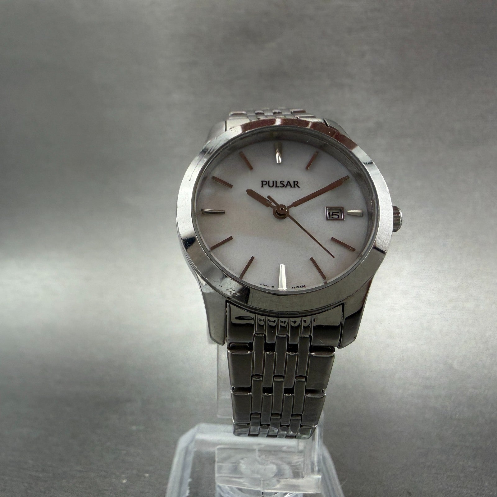 Pulsar Watch Women 28mm MOP Dial Silver Tone Date Round VJ22-X085 New Battery5
