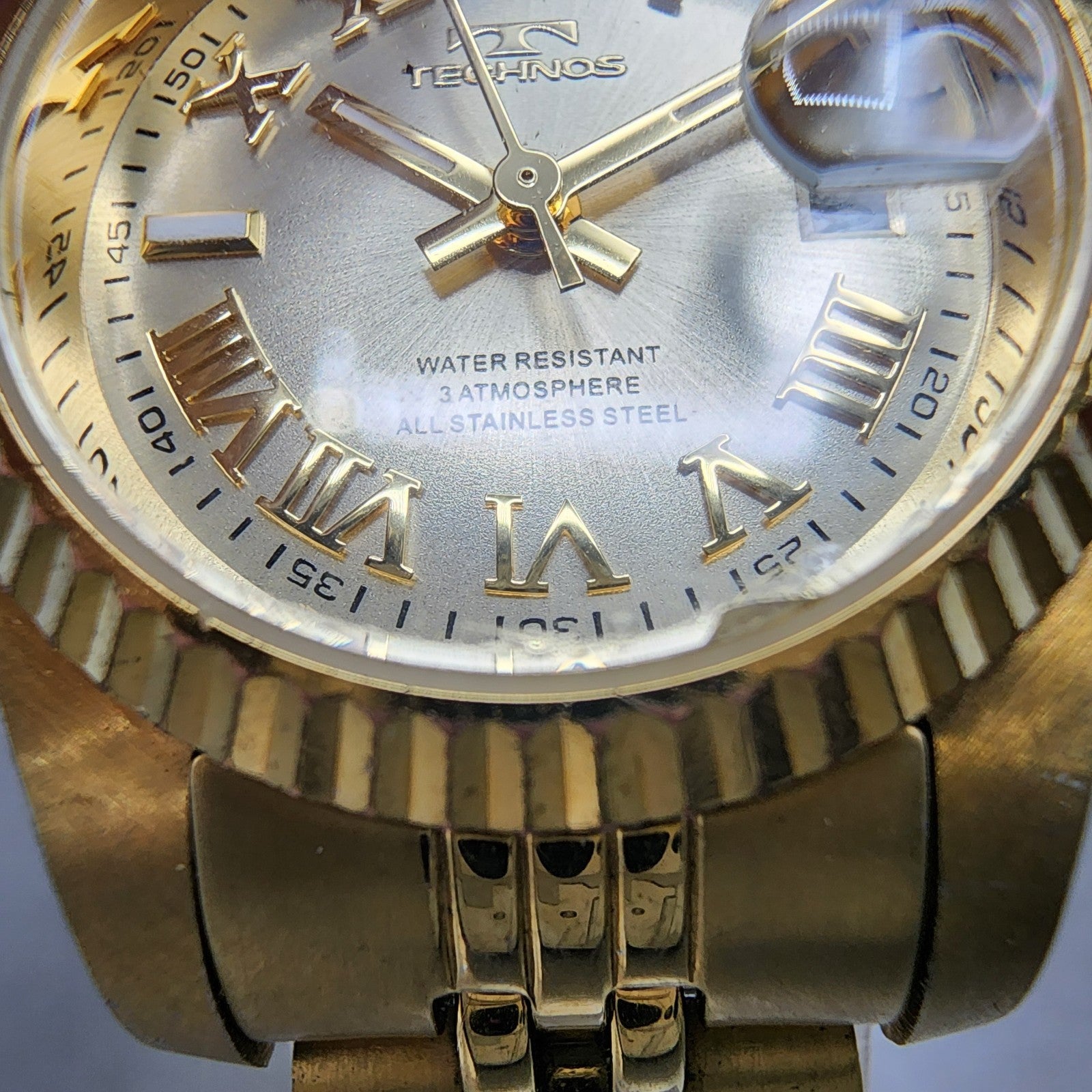 Technos Datejust Watch Women 27mm Champange Dial Gold Tone Date Round New Batt6