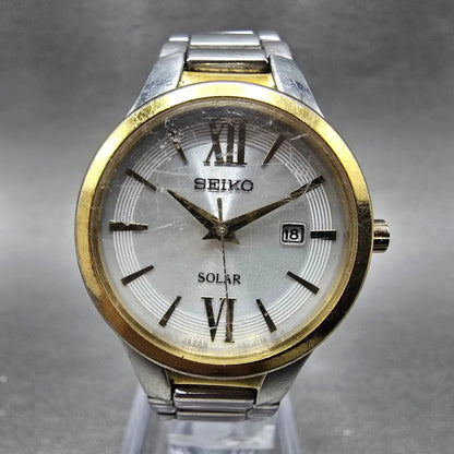 Seiko Solar Watch Women 29mm Silver Dial Two Tone Date Round V137-0BH0 Runs JP0
