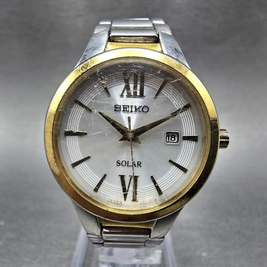 Seiko Solar Watch Women 29mm Silver Dial Two Tone Date Round V137-0BH0 Runs JP0