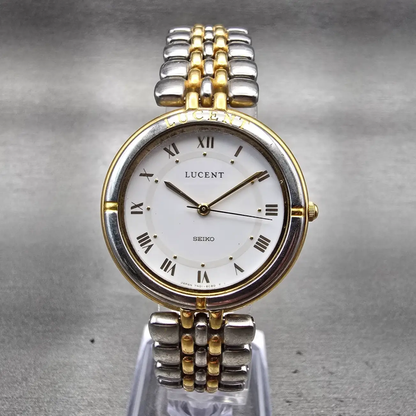 Seiko Lucent Watch Men 30mm White Dial Two Tone Round 7N01-6C60 New Battery VTG0