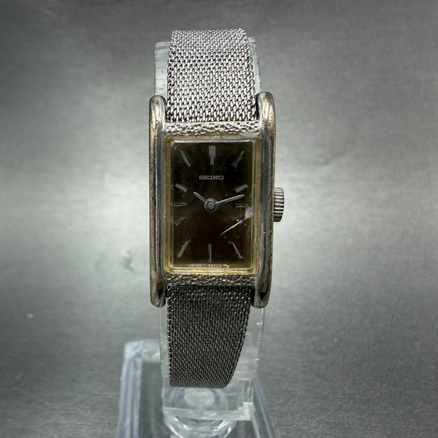Seiko Tank Watch Women 15mm Brown Dial Silver Tone Rectangle Manual 11-4849 Runs0