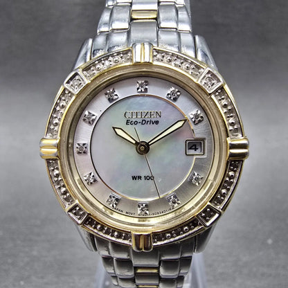 Citizen Eco-Drive Watch Women 26mm MOP Dial Two Tone Diamonds E011-S057639 Works0
