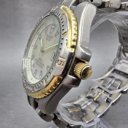 Seiko Pulsar Solar Dive Watch Men 38mm Gray Dial TwoTone Titanium READ!!!!! Runs2