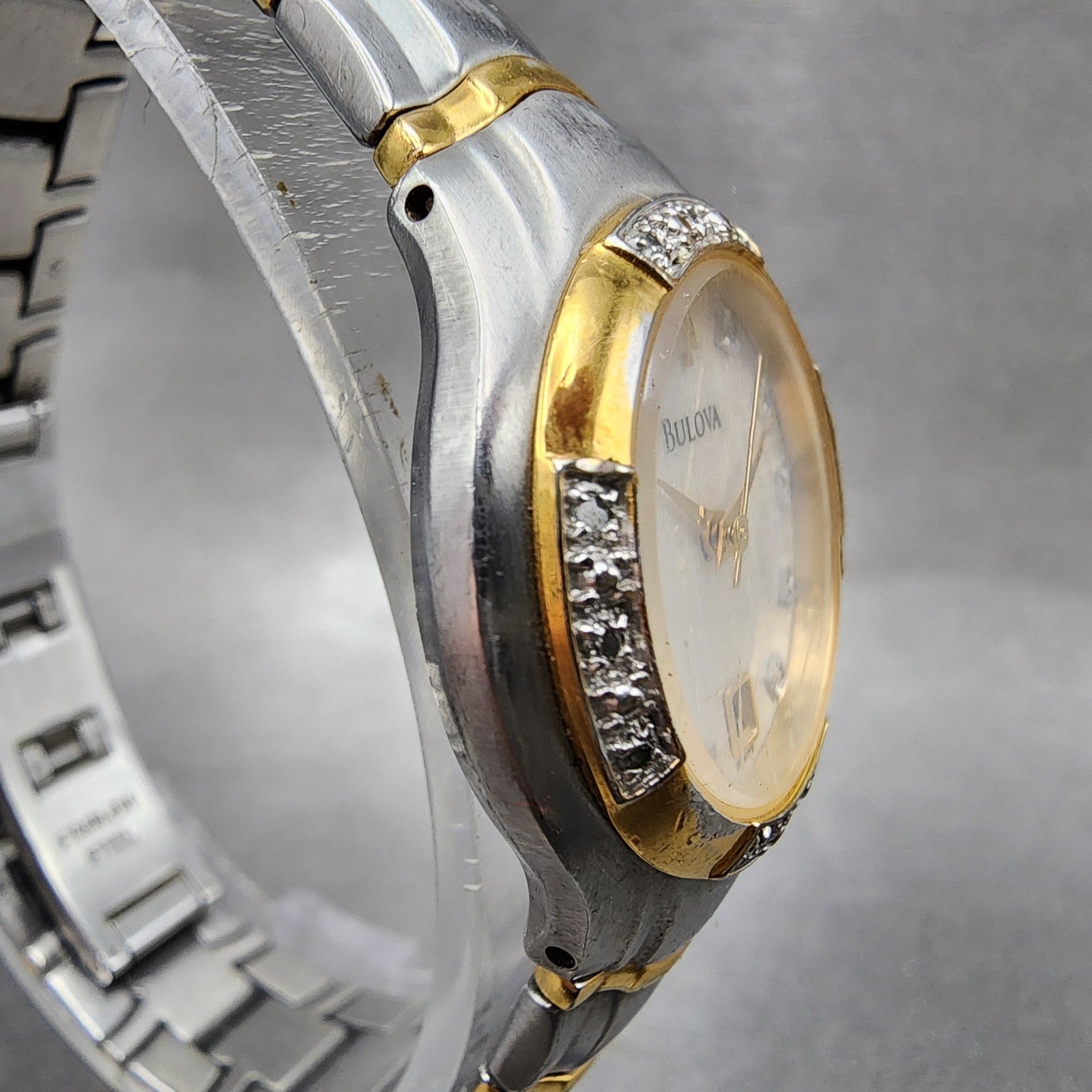 Bulova Watch Women 26mm White Dial Two Tone Date Round Diamond 98R70 New Battery3