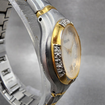 Bulova Watch Women 26mm White Dial Two Tone Date Round Diamond 98R70 New Battery3